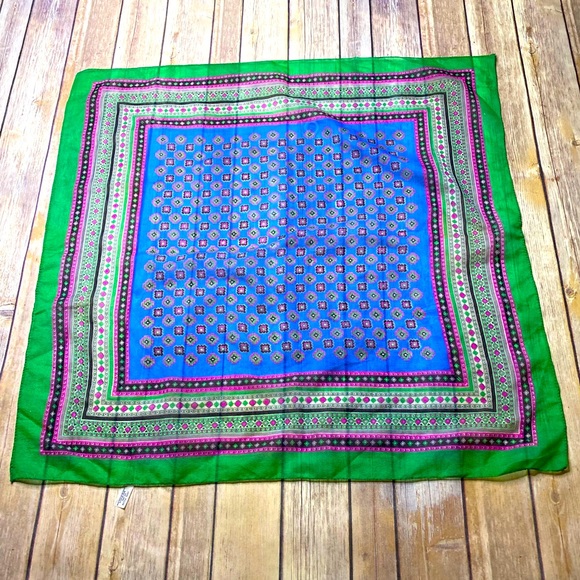 Vintage Accessories - Vintage Bright Colors Green Blue Scarf 100% Nylon Japan Retro Square Retro 70s